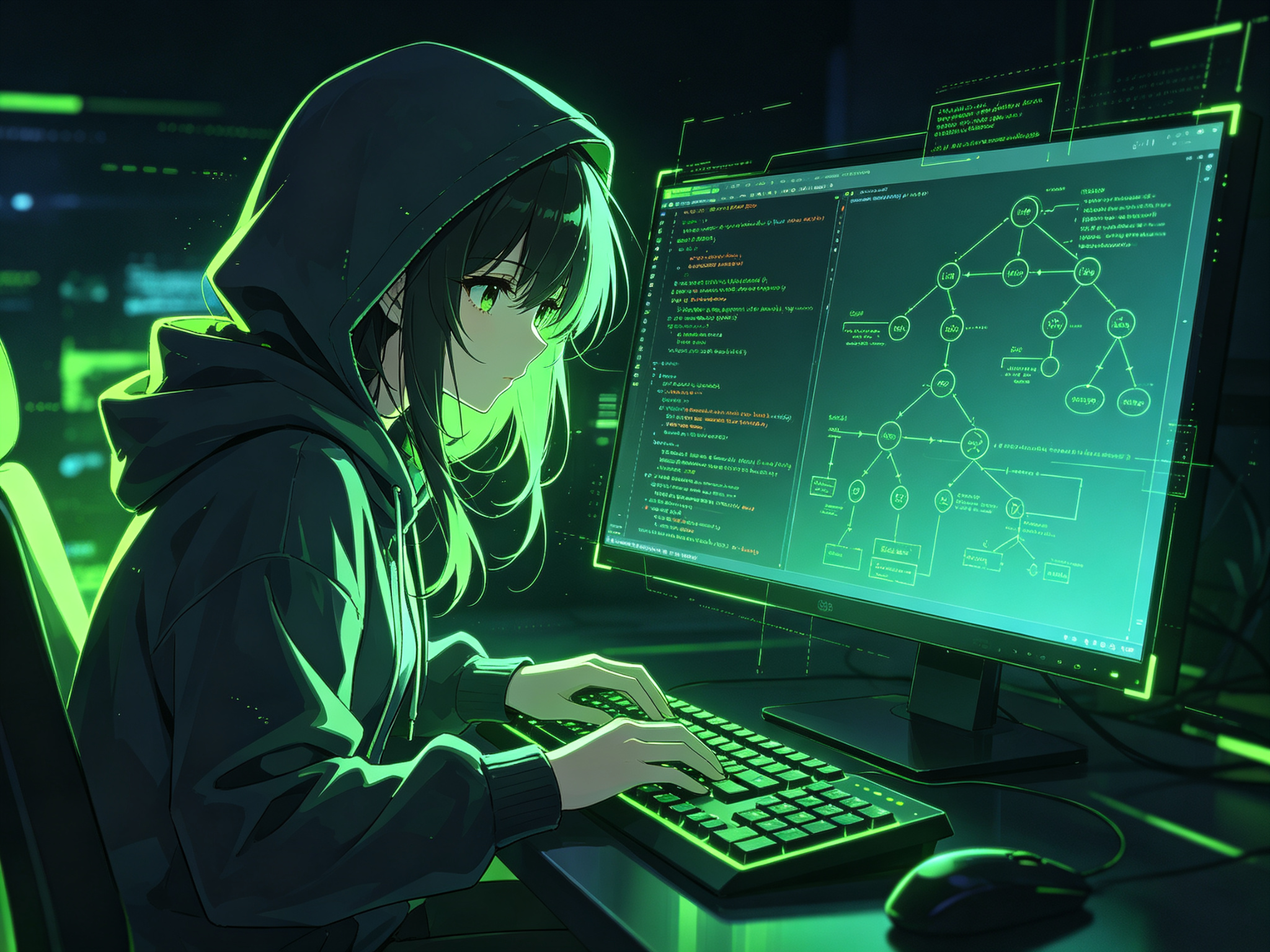 二次元少女程序员在霓虹灯下专注编写代码，屏幕上浮着算法图与代码